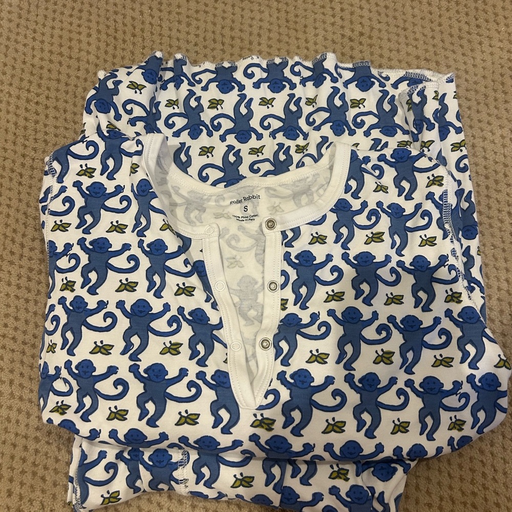Roller Rabbit White and Blue Monkey Print Top